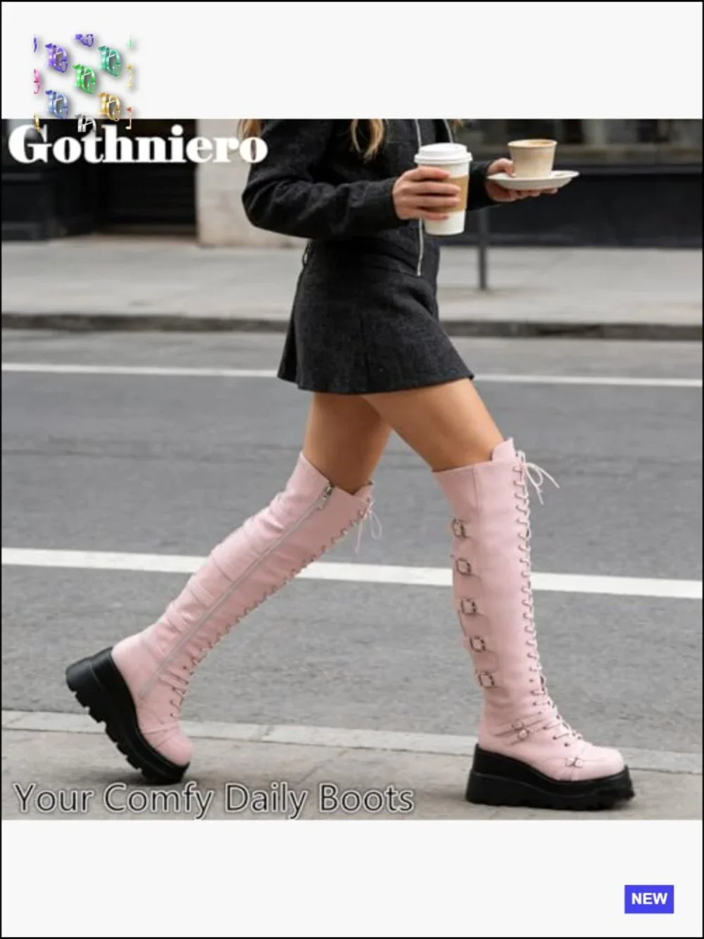 Over the Knee Platform Boots Chunky Heel Lace Up Side Zip Motorcycle Goth Boots